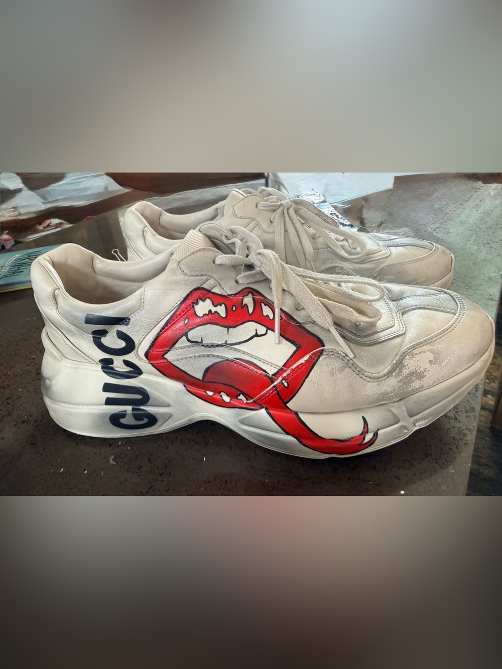 Gucci White Leather Sneakers with Red Graphic